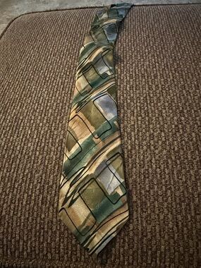 J. Garcia Green, Tan & Cream Abstract Geometric Silk Tie
